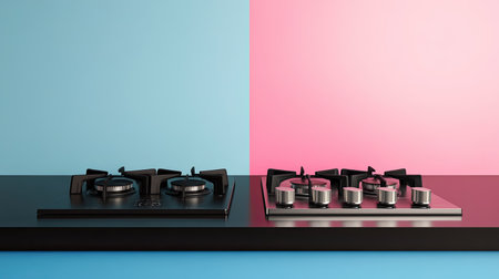 This striking image showcases two modern gas stoves against a pastel blue and pink background, highlighting contemporary kitchen design and color contrasts.の素材