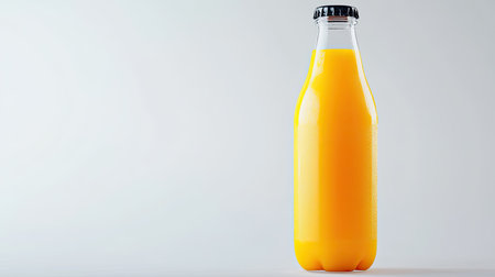 A vibrant glass bottle filled with fresh orange juice sits on a light gray background, showcasing its bright yellow color, perfect for a refreshing drink.の素材