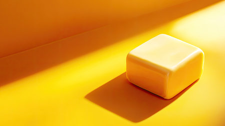 A striking image of a yellow butter cube resting on a vibrant yellow surface, casting a soft shadow. The captivating colors and minimalism enhance the appeal of this food product.の素材