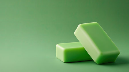 Two smooth green soap bars are positioned on a solid green background. This image represents freshness and cleanliness, perfect for spa and wellness concepts.の素材