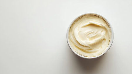 A close-up view of creamy white spread in a round container, perfect for culinary uses. Ideal for advertisements, blogs, or cooking resources.の素材