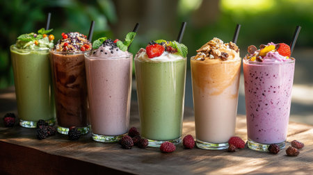 A beautiful arrangement of colorful smoothies in tall glasses, topped with fresh fruits and nuts, showcasing a variety of flavors perfect for a healthy refreshment.の素材