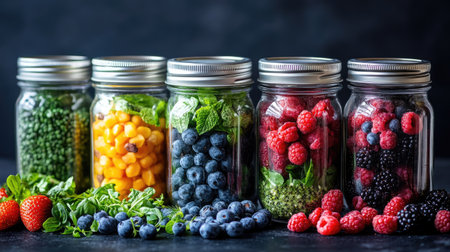 A stunning arrangement of jars filled with vibrant fruits and vegetables, showcasing fresh ingredients like berries, corn, and mint against a dark background. Perfect for promoting healthy eating.の素材