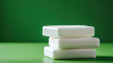 A minimalistic arrangement of three white soap bars stacked on a vibrant green surface, representing cleanliness and simplicity. Ideal for wellness and hygiene themes.の素材