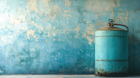 A vintage blue water tank stands alone against a weathered blue wall, showcasing rustic charm and appealing textures ideal for various decorative uses.の素材