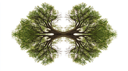 This image features a stunning symmetrical tree design with lush green foliage, set against a clean background. Perfect for nature-themed projects.の素材