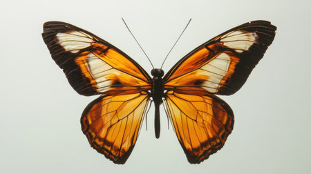 This close-up image of a vibrant orange and black butterfly showcases its intricate wing patterns and delicate structure. Perfect for nature lovers and educators.の素材