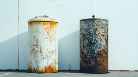 Two weathered metal tanks exhibit striking rust textures against a clean wall. The aged surfaces reveal a story of time and neglect, ideal for industrial-themed visuals.の素材