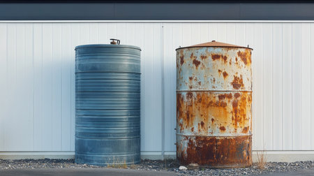 Two contrasting metal tanks are placed against a white wall. One tank is blue and cylindrical, while the other is rusted and aging. The image captures an industrial essence.の素材