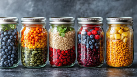 This stunning image features an assortment of healthy food ingredients displayed in glass jars. The vibrant colors of fruits, seeds, and grains highlight a fresh and nutritious lifestyle. Perfect for promoting wellness!の素材