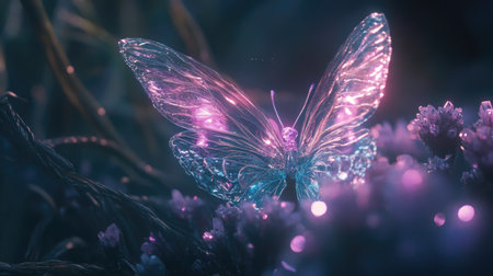 Experience the enchanting beauty of a glowing butterfly perched on vivid flowers, set in a magical landscape that sparks wonder and imagination.の素材