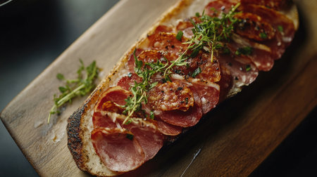 A beautifully arranged gourmet charcuterie featuring thinly sliced meats on a rustic wooden board, garnished with fresh thyme, perfect for appetizing moments.の素材