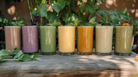 A vibrant array of smoothies lined up on a wooden table, showcasing various colors and ingredients. Perfect for emphasizing health, freshness, and nutrition.の素材