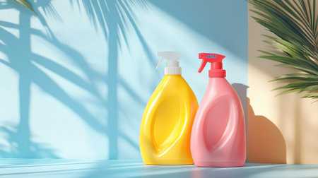 Colorful cleaning products in yellow and pink against a bright background, creating an inviting atmosphere with tropical shadows and a modern touch. Perfect for showcasing hygiene and freshness.の素材