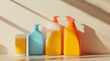 A vibrant display of colorful cleaning products arranged on a surface, casting dynamic shadows. This minimalist composition highlights everyday household essentials in a fresh and stylish way.の素材