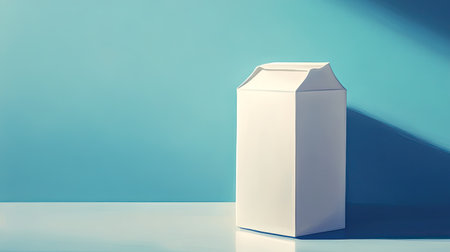 A minimalist white milk carton stands alone against a soft blue background, showcasing clean lines and shadows, ideal for modern design projects.の素材