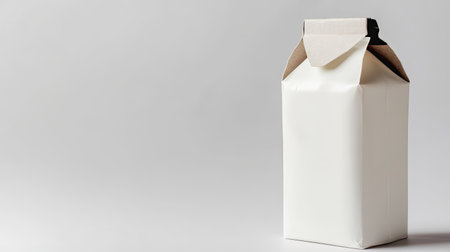 A plain white milk carton stands alone on a neutral backdrop, representing minimalism and freshness. Ideal for beverage-related projects or commercial use.の素材