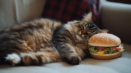 A furry cat peacefully napping beside a big hamburger on a couch. This cozy scene captures the essence of relaxation and indulgence in a warm home environment.の素材