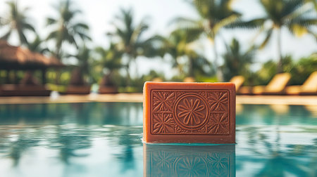 A close-up view of a soap bar resting on still pool water, surrounded by palm trees and a tropical resort backdrop. Ideal for wellness and relaxation themes.の素材