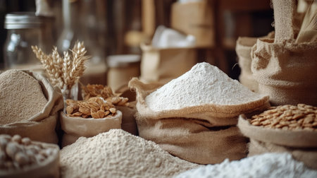 Explore a rustic display of various flours and grains, showcasing natural textures and earthy tones. A perfect setting for culinary inspiration.の素材