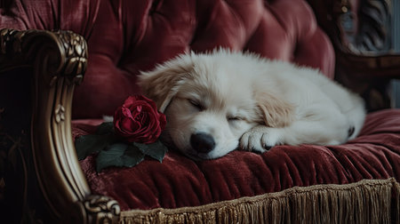 A charming scene featuring a sleeping puppy on a vintage couch adorned with a red rose. The image captures tranquility and warmth in a cozy indoor setting.の素材