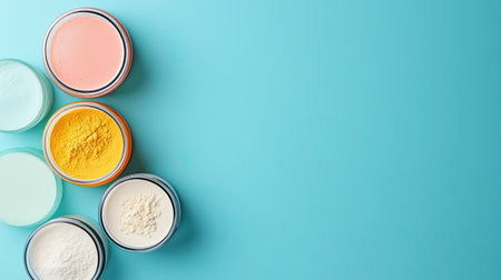 Explore a delightful arrangement of colorful powdered cosmetics in jars against a soft blue backdrop. Ideal for beauty and skincare themes.の素材