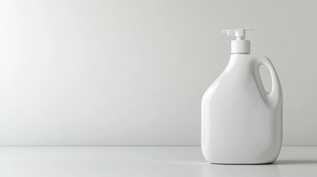 A clean, white plastic bottle with a pump lid sits on a minimalist surface. Ideal for use in beauty, cleaning, or storage applications, this image offers a sleek and modern look.の素材