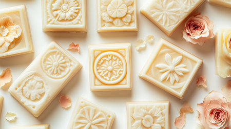 Discover a collection of beautifully crafted soap bars featuring intricate floral patterns. Perfect for enhancing any bath or gift experience.の素材