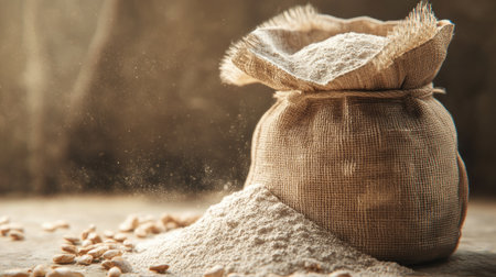 A burlap sack filled with fresh, unbleached flour spills onto a wooden table, capturing the essence of rustic food preparation in a warm, earthy setting.の素材