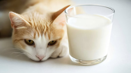 A serene scene of a cream-colored cat resting beside a glass of fresh milk on a simple table. This charming composition captures the cozy and peaceful ambiance of home life.の素材