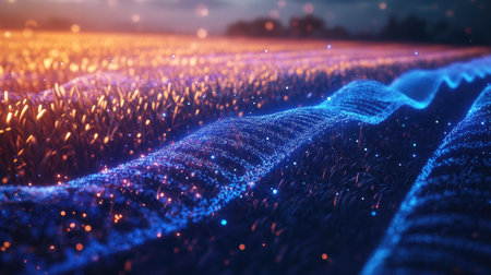 Explore a mesmerizing digital landscape filled with vibrant colorful particles flowing and creating dynamic waves, evoking energy and movement in an abstract environment.の素材