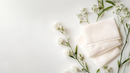 A serene composition featuring soft white fabrics and delicate greenery, perfect for elegant themes, home decor, and stylish events.の素材