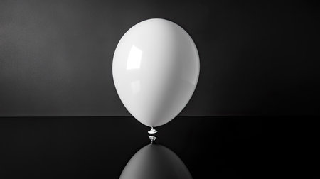 A stunning white balloon stands alone on a glossy black surface, creating a striking contrast. The image emphasizes simplicity and elegance, ideal for design projects.の素材