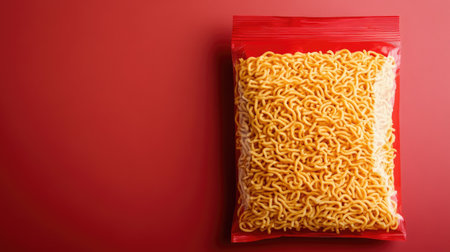 This image features a clear plastic packet filled with raw instant noodles against a vibrant red background, showcasing the texture and form of this popular snack.の素材