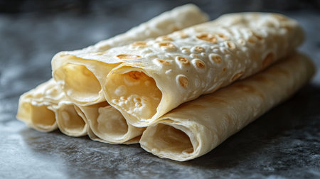 A stack of freshly made flatbreads arranged neatly on a dark surface, showcasing their soft texture and warm appearance, ideal for culinary use.の素材