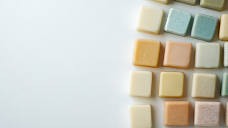 A visually appealing arrangement of colorful wax melts on a white surface, showcasing a variety of textures and hues perfect for enhancing home ambiance.の素材