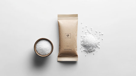 Capture the essence of culinary excellence with high-quality sea salt presented in a wooden bowl next to a stylish paper bag, perfect for gourmet cooking.の素材