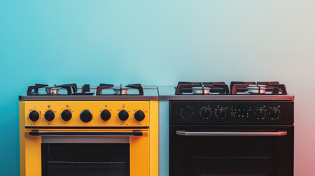 Two distinct gas stoves, one yellow and one black, showcase modern kitchen design against a soft gradient wall, emphasizing color and functionality for any culinary space.の素材