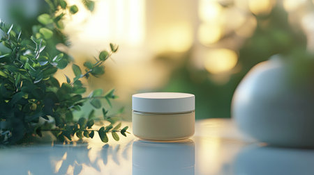 A serene and minimalistic skincare product jar sits on a reflective surface, surrounded by lush greenery. This image captures tranquility and a connection to nature.の素材