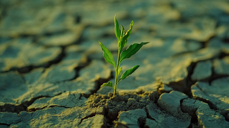 A small green plant emerges triumphantly from cracked dry soil, symbolizing resilience and hope in a harsh, arid landscape. This image captures the beauty of nature's determination.の素材