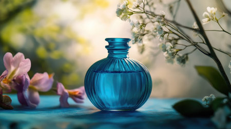 A stunning blue glass bottle sits gracefully among delicate flowers, creating a serene and elegant composition perfect for beauty and fragrance themes.の素材