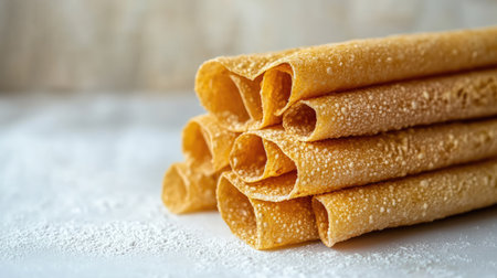 A beautifully arranged stack of crispy wafer rolls showcasing their golden texture and delightful crunch. Ideal for food photography or culinary presentations.の素材