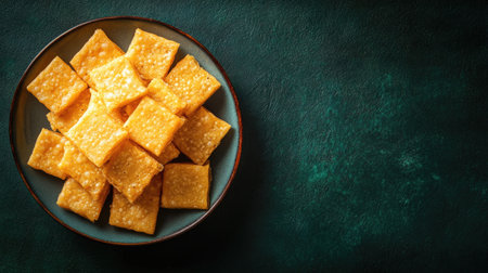 Indulge in a delightful arrangement of crispy golden crackers on a dark plate. This image captures the texture and appeal of a savory snack perfect for any occasion.の素材