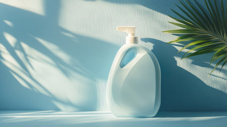 A soft blue pump bottle stands against a light background, creating a serene atmosphere. Shadows from a palm leave add depth and freshness to the scene.の素材