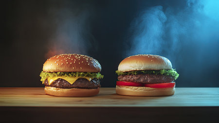 Two freshly cooked burgers on a wooden table, featuring cheese and lettuce, exuding steam, representing delicious fast food perfect for meals or snacks.の素材