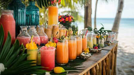 A vibrant display of tropical cocktails and refreshing drinks awaits on a beachfront bar, perfect for summer enjoyment and relaxation under the sun.の素材