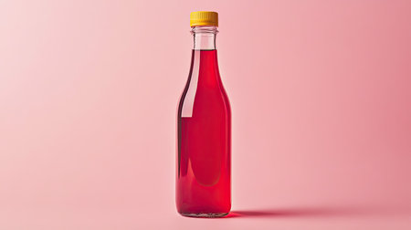 A bright glass bottle filled with a vibrant red drink stands against a soft pink background. This minimalistic image captures the essence of refreshment and style.の素材