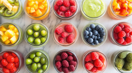 A vibrant display of fresh fruits in glass jars arranged on a marble surface, showcasing healthy options like berries, melon, and tropical fruits for a refreshing snack.の素材