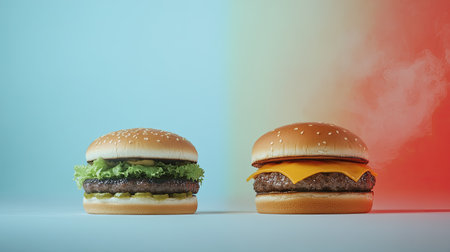 Two delicious burgers with fresh ingredients showcase vibrant colors. One features lettuce and a patty, while the other boasts melted cheese. Perfect for food-themed projects.の素材