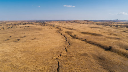 A breathtaking aerial view showcases cracked earth in a vast dry grassland landscape under a clear blue sky, highlighting the beauty of nature.の素材